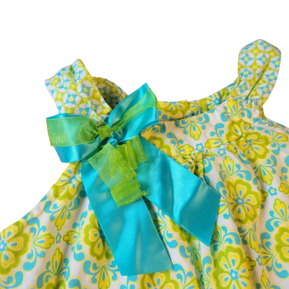 Bonnie Jean 100% Cotton Green Blue Floral Print Sleeveless Dress w/ Bow Girls 6 - Picture 2 of 7